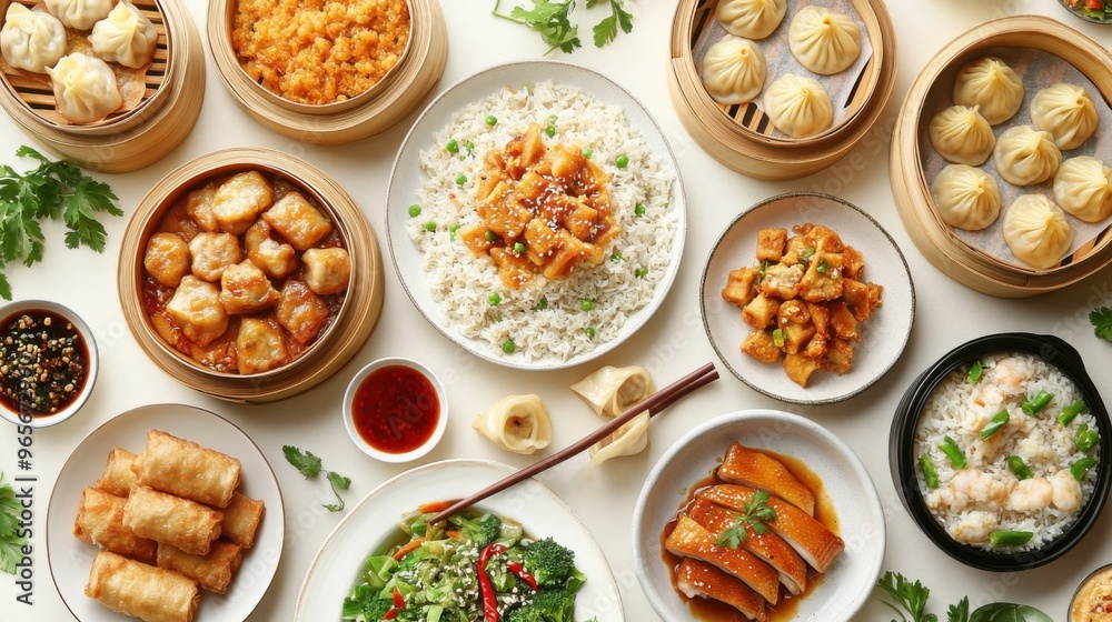 An elegant Chinese food spread with a mix of popular dishes like noodles An elegant Chinese food spread with a mix of popular dishes like noodles