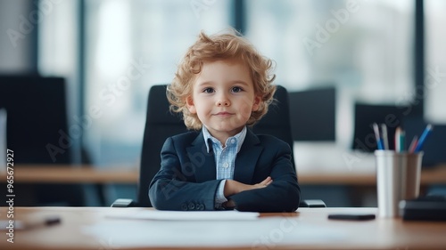 A kid in a miniature business suit, playfully mimicking an adult in a mock office setup.