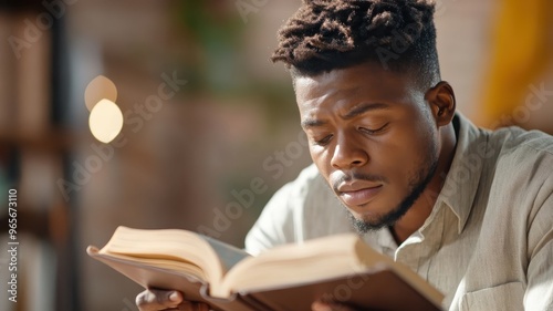 An African man deeply focused on a book in a comfortable, traditional reading space with rich textures and warm tones.