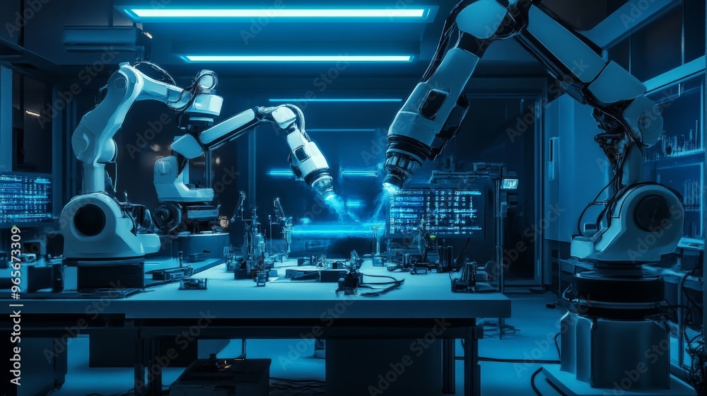 Fototapeta premium A futuristic science lab with robotic arms and advanced equipment, glowing blue lights.