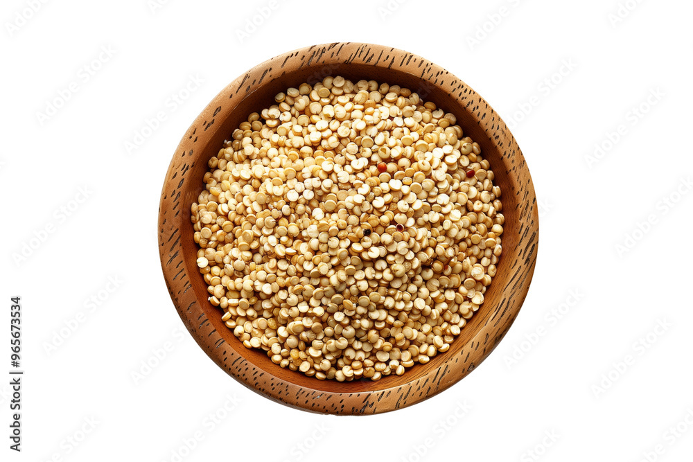 Wooden bowl filled with quinoa grains isolated on a white background. Concept of healthy eating and nutritious food ingredients Wooden bowl filled with quinoa grains isolated on a white background. Concept of healthy eating and nutritious food ingredients
