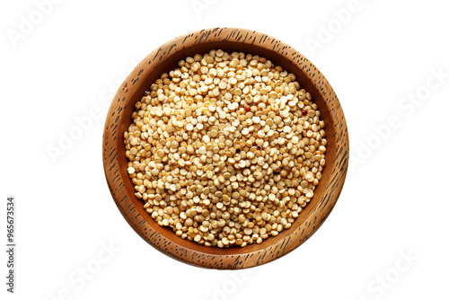 Wooden bowl filled with quinoa grains isolated on a white background. Concept of healthy eating and nutritious food ingredients photo