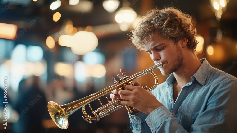Obraz premium Blonde man performing a trumpet solo in a jazz club, his music resonating with emotion.