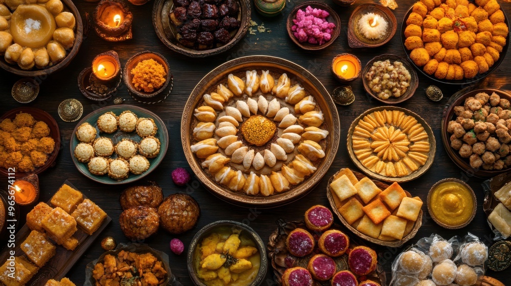 Fototapeta premium Delectable spread of traditional Diwali sweets including ladoos