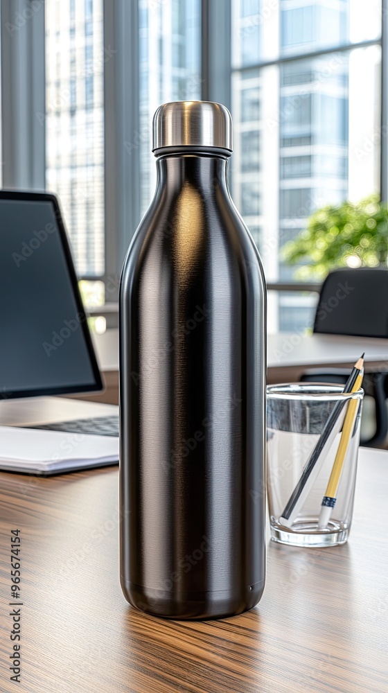 A sleek and stylish black metal water bottle rests on a wooden desk beside a computer, ideal for showcasing your logo or promotional message in a modern office environment A sleek and stylish black metal water bottle rests on a wooden desk beside a computer, ideal for showcasing your logo or promotional message in a modern office environment