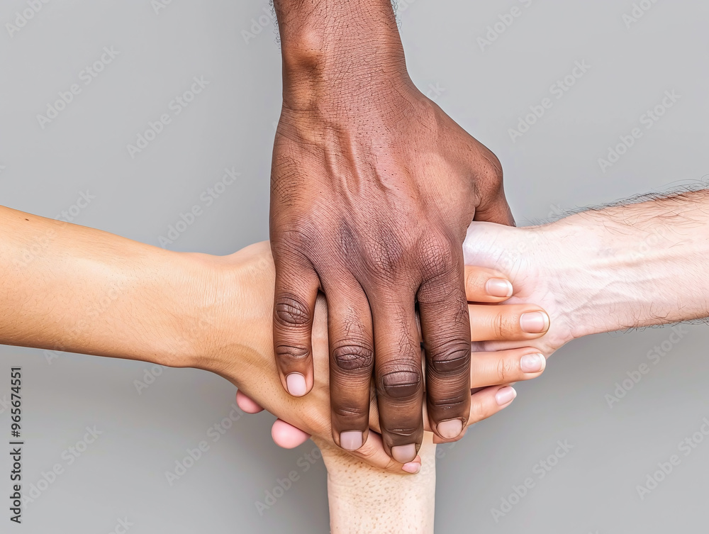 Fototapeta premium Photo of hands of different skin tones joined together in unity
