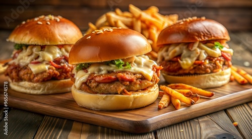 homemade burger with french fries and chicken