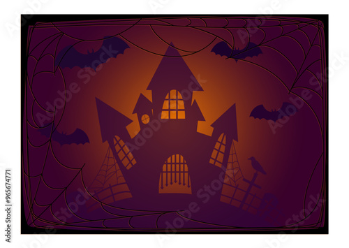 Halloween haunted house with bats and spider web, Vector background, card design