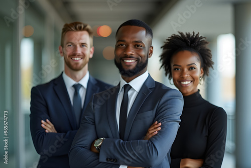 businessman and businesswoman leaders professional team standing at work looking at camera