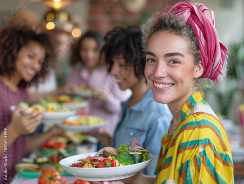 A diverse group of people sharing cultural dishes at a potluck