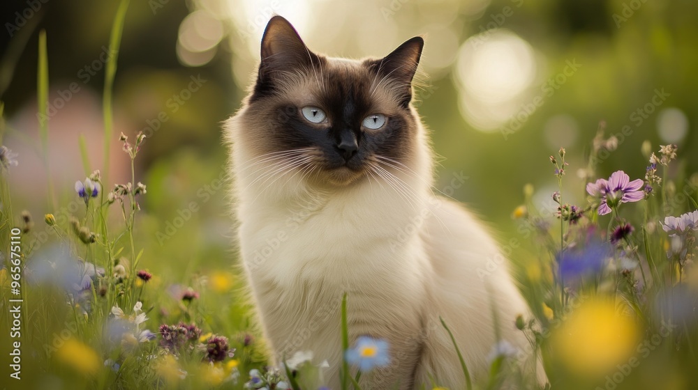 A beautiful cat sitting among colorful flowers in a serene outdoor setting. A beautiful cat sitting among colorful flowers in a serene outdoor setting.