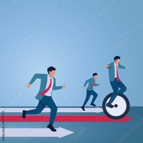 A man riding a wheel overtakes another who is running, an illustration of competitive advantage.