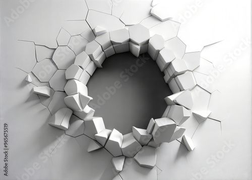3D Render of Cracked White Wall with Geometric Shapes cut out. isolated on transparent background. Copy space.