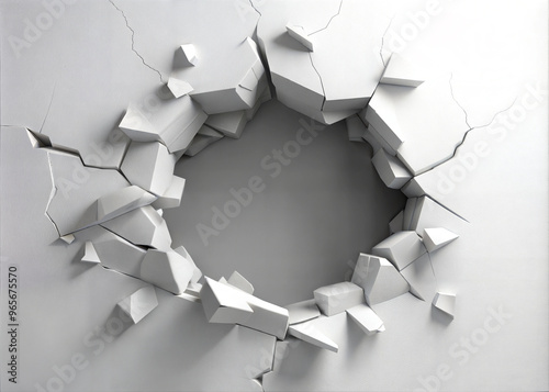 3D Render of Cracked White Wall with Geometric Shapes cut out. isolated on transparent background. Copy space.