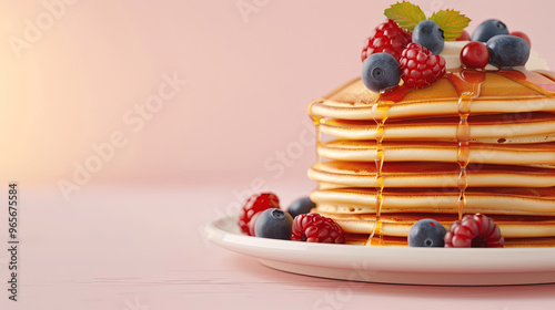 Pancake stack with berries and syrup, food advertising banner, realistic photography, stock image. Focus on pancake and have space for text photo