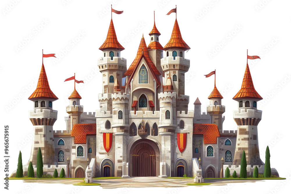 Fairytale Castle with Orange Roofs and Flags - Isolated on White ...