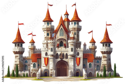 Fairytale Castle with Orange Roofs and Flags - Isolated on White Transparent Background, PNG 