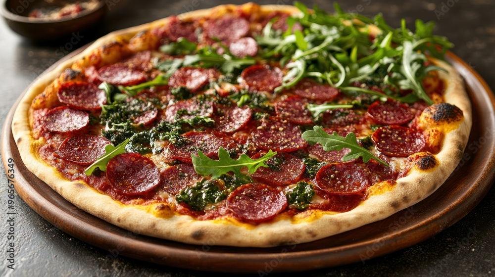 Delicious Pepperoni Pizza with Arugula and Pesto