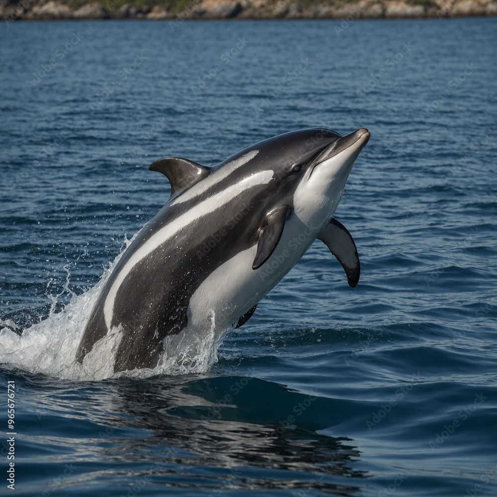 Fototapeta premium The Pacific White-Sided Dolphin is a sleek, playful cetacean known for its striking coloration, featuring a dark gray or black back, white belly, and light gray sides with a distinct, crescent-shaped 