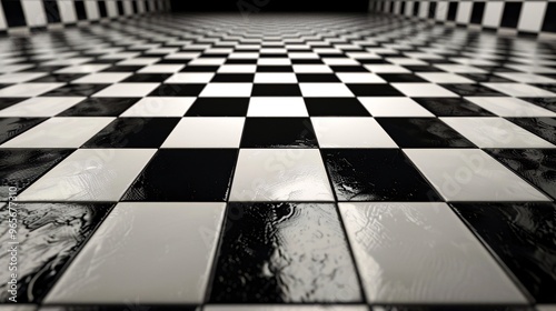 A black and white checkered floor with a perspective effect, the tiles are shiny and reflect light.