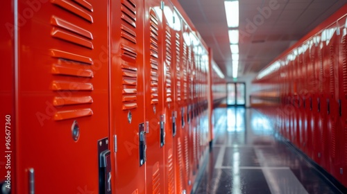 Bright red lockers in a gym hallway photo