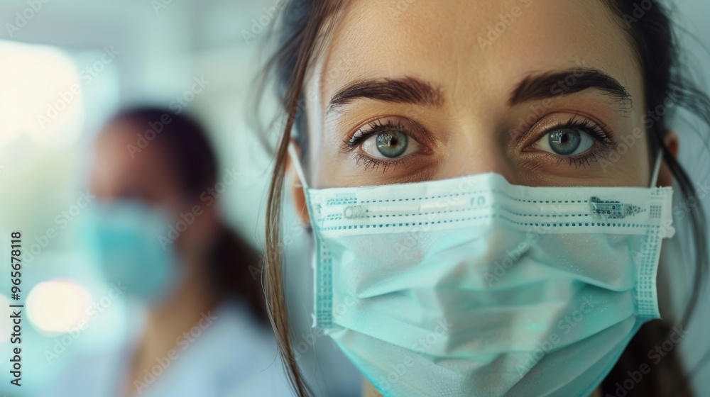 Dentist wearing a surgical mask examining patient in bright clinic Dentist wearing a surgical mask examining patient in bright clinic