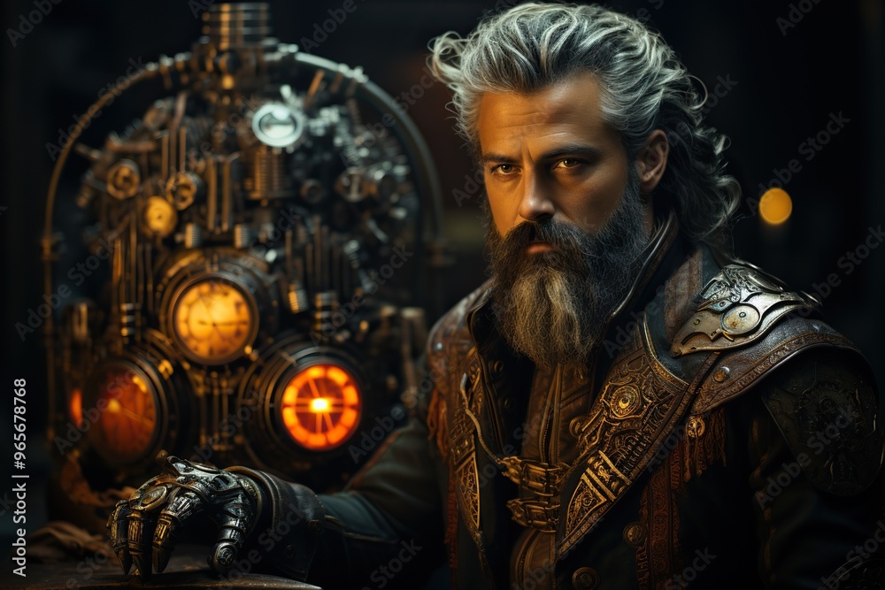 beautiful steampunk old techno mage with white beard beautiful steampunk old techno mage with white beard
