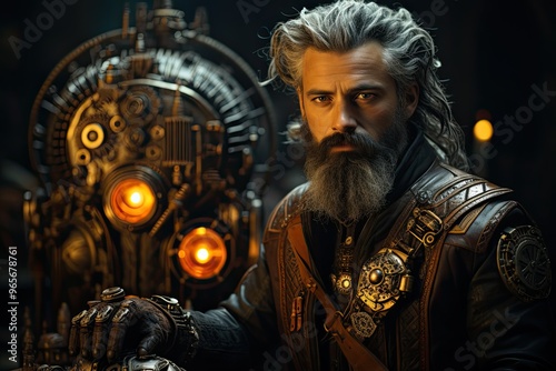 beautiful steampunk old techno mage with white beard