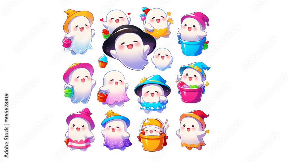 A set of Halloween cute ghosts with varients colors hat. A set of Halloween cute ghosts with varients colors hat.