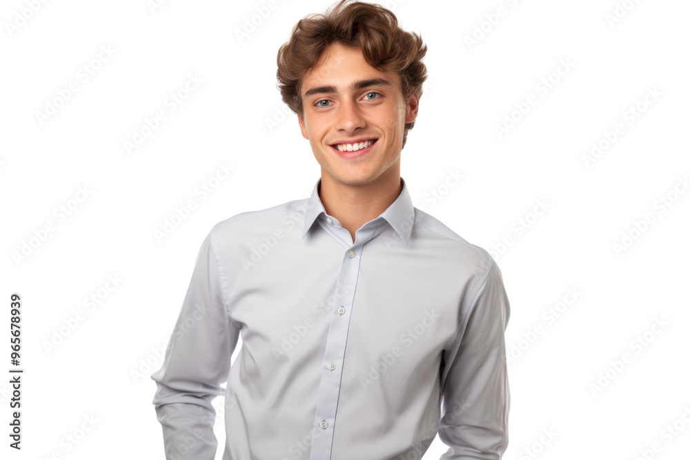 Young handsome business guy with a warm smile, dressed in a tailored gray shirt. Isolated on white background Young handsome business guy with a warm smile, dressed in a tailored gray shirt. Isolated on white background