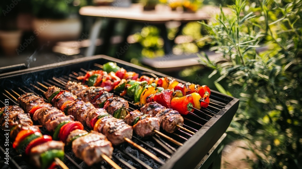 A beautifully arranged grill setup with skewers of meat and vegetables on a hot grill, surrounded by a well-manicured garden and a picnic table.