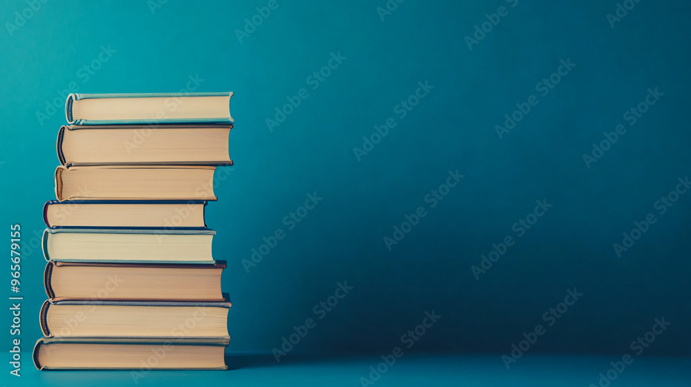 Simple composition of old books stacked high against a blue background, with copy space Simple composition of old books stacked high against a blue background, with copy space