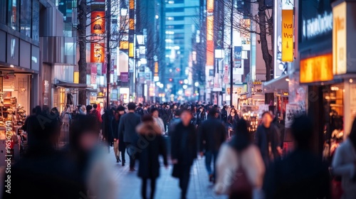 A bustling urban avenue filled with people walking and interacting, with skyscrapers, street signs, and city lights creating a dynamic and lively cityscape.