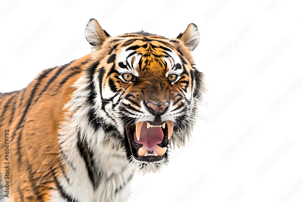 Fototapeta premium Close-Up of Tiger's Face with Intense Gaze,Mystic portrait of Indochinese Tiger in studio, on right side, Anger, Menacing, Headshot, Close-up View Isolated on white background