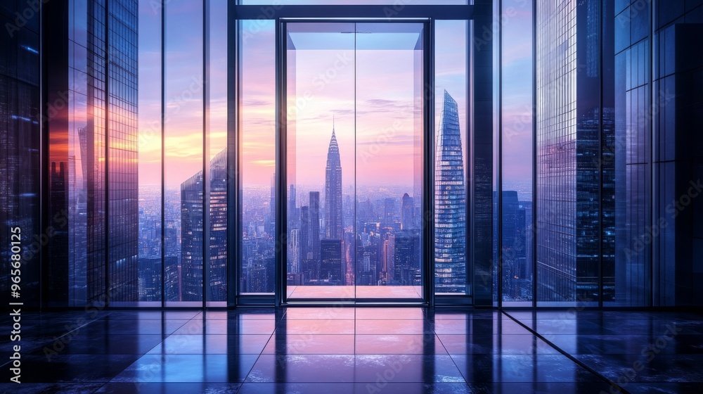 A modern glass door with sleek metal frames opens to a breathtaking view of a surreal cityscape with towering, futuristic skyscrapers bathed in a magical glow. A modern glass door with sleek metal frames opens to a breathtaking view of a surreal cityscape with towering, futuristic skyscrapers bathed in a magical glow.