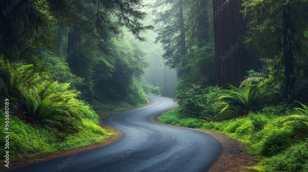 Obraz premium A picturesque road meandering through lush greenery and massive redwoods in the Redwood National Forest, with mist creating a mystical atmosphere