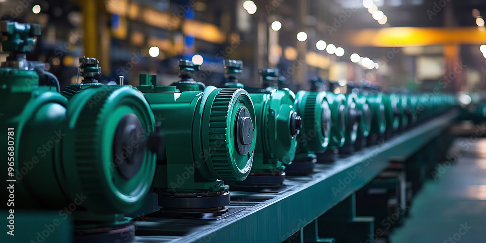 A row of green pumps are neatly arranged in a factory, demonstrating the industrial production process. A row of green pumps are neatly arranged in a factory, demonstrating the industrial production process.