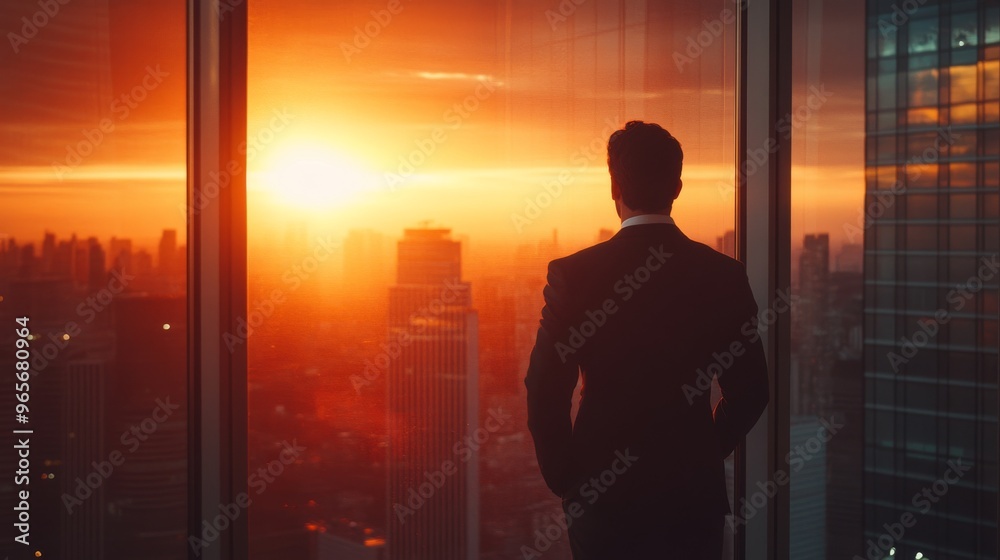 Banker wearing business attire stands near a large window of a high-rise office, observing a city bathed in the hues of a sunset, with a light overlay adding a soft glow to the scene. Banker wearing business attire stands near a large window of a high-rise office, observing a city bathed in the hues of a sunset, with a light overlay adding a soft glow to the scene.