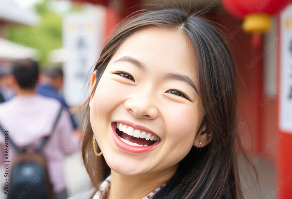 Cheerful Japanese girl grinning from ear to ear radiating positi Cheerful Japanese girl grinning from ear to ear radiating positi