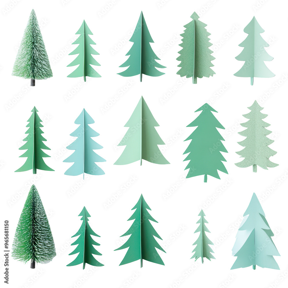 Fototapeta premium Collection of various green paper and brush Christmas trees in minimalist design. Isolated on white background.