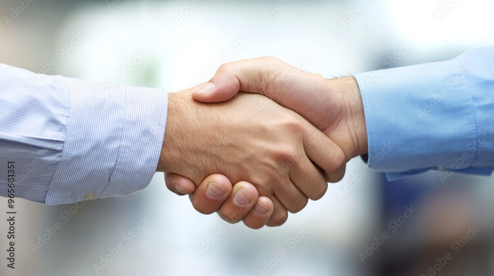 Business handshake between two men with a modern office in soft focus Business handshake between two men with a modern office in soft focus