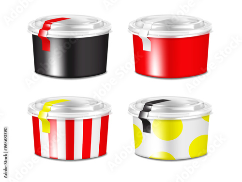 Paper salad bowl with clear plastic lid and blank label sticker. Black, white, color design. 3d mockup. Easy editable. Disposable takeaway food container isolated. Realistic vector mock-up. Template
