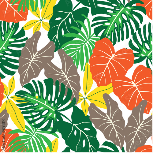 Abstract seamless tropical pattern with bright plants and leaves on a white background. Seamless exotic pattern with tropical plants. Beautiful seamless vector floral pattern. Hawaiian style.