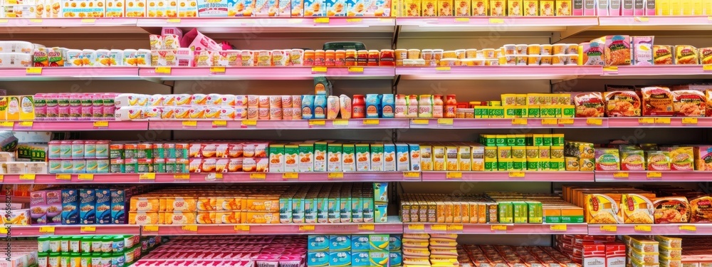Supermarket shelves with various snack and instant food products Supermarket shelves with various snack and instant food products