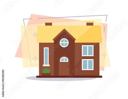 Brown cottage with yellow roof illustration. Home, design, architecture. Building concept. Vector illustration can be used for topics like real estate, advertisement, house