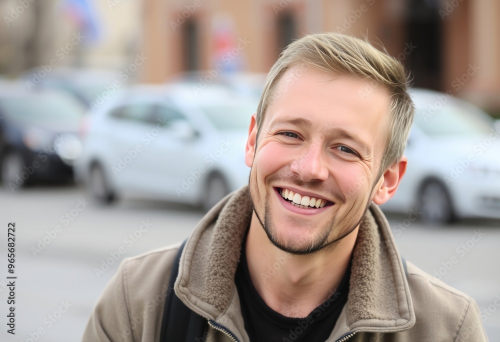 Content Russian guy with a beaming smile showing his inner happi Content Russian guy with a beaming smile showing his inner happi