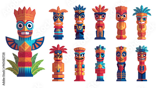 Cartoon ritual hawaiian and african wooden statues. Totems set