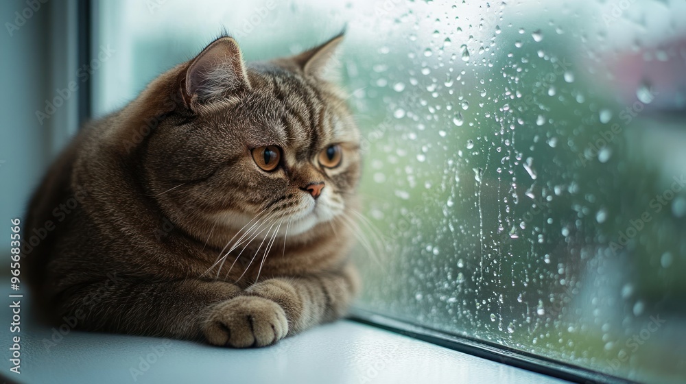 A cat gazes out a rain-covered window, evoking a sense of contemplation and calm.