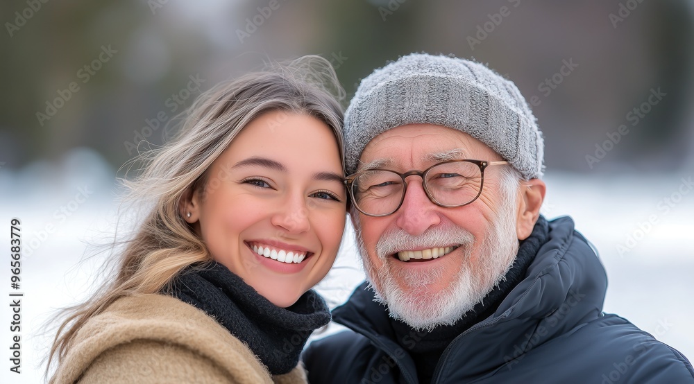 Une belle jeune femme âgée de 20 ans et un homme senior aux cheveux gris portant des lunettes et des vêtements chauds, souriant à l'appareil photo, dehors en hiver.