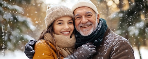 Une jeune fille avec son grand-père, portant un bonnet et des vêtements chauds, souriant à l'appareil photo, dehors en hiver, la neige tombant. photo